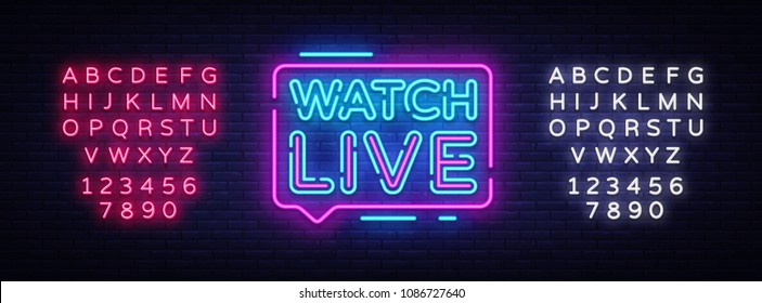 Watch Live tag neon sign. Neon Text Watch Live. Online View. Vector illustration. Editing text neon sign