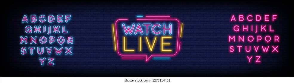 Watch Live tag neon sign  Neon Text Watch Live. Online View. Vector illustration. Editing Text Neon Sign