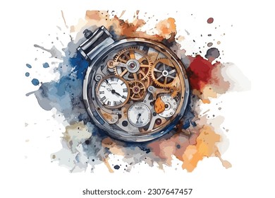 Watch Mechanism Time Gears Mechanical watercolor painting Abstract background.