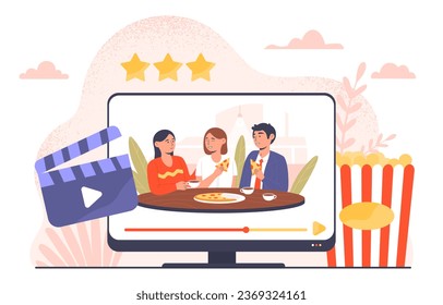 Watch media concept. Digital tablet near clapperboard and pop corn basket. Entertainment and fun, leisure. Movie or series, show. Cartoon flat vector illustration isolated on white background