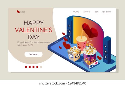 Watch the movie in cinema. Buy tichets online wia smartphone. Valentine's day. Bright youth illustration of a pop-corn, cola and screen. Isometric 3d flat illustration
