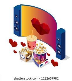Watch the movie in cinema.  Valentine's day. Bright youth illustration of a home cinema. Isometric 3d flat illustration