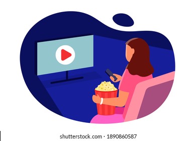 Watch movie Girl with popcorn sitting in front of the screen TV and switches TV channels Vector flat illustration A woman is seen watching a film