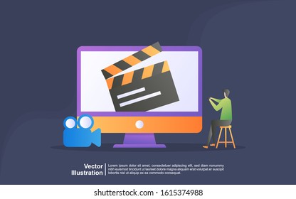 Watch movie illustration concept. streaming video and movies, home cinema entertainment webs banner. Digital media internet television. Can use for, landing page, template, ui, web, mobile app, banner