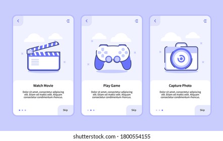 Watch movie play game capture photo for mobile apps template banner page UI with three variations modern flat outline style