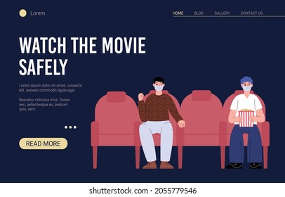 Watch the movie safety concept of website with people in cinema watching film in medical masks, flat vector illustration. Safe visit to cinema during virus outbreak.