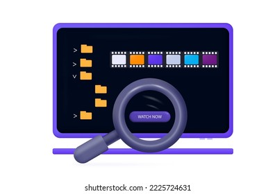 Watch movie, select a video, search for a series, press the button to watch now. Choice interesting, modern video. Live viewing online, broadcast. Movie, news or clip, smart tv, cine-film. Vector 3d.