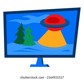 Watch movies on TV - modern flat design style single isolated object. Neat detailed image of screen with a popular science film about aliens. Monitor, electronic, entertainment and home appliances