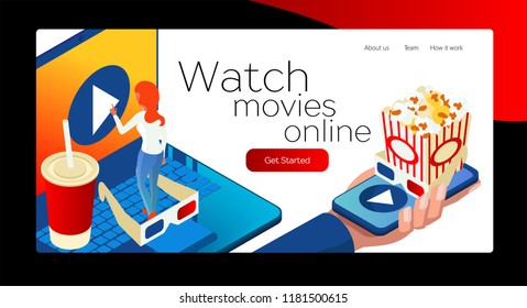 Watch movies online. The girl clicks on the button on the laptop. A smartphone in the human hand. Popcorn and soda. Isometric 3d