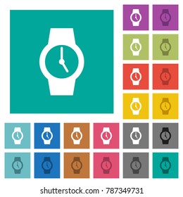 Watch multi colored flat icons on plain square backgrounds. Included white and darker icon variations for hover or active effects.
