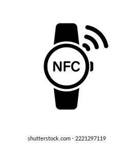 Watch with NFC Technology Silhouette Icon. Wristband Smartwatch Wireless Payment for Purchase Glyph Pictogram. Hand Bracelet RFID Cashless Pay Icon. NFC Smart Watch. Isolated Vector Illustration.