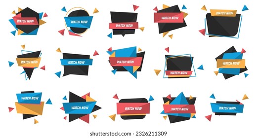 Watch now banner collection. Set of watch now geometric badges for promotion