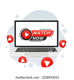 Watch now banner on laptop. Play video. Web media. Online translation in a stylish design. Vector illustration