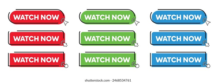 Watch Now Button with Click cursor. Modern Simple web action button with click cursor or arrow pointer vector illustration set
