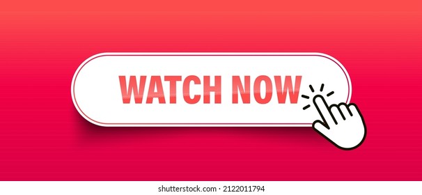 Watch now button with cursor in flat style on red background. Isolated vector illustration. Flat vector illustration.