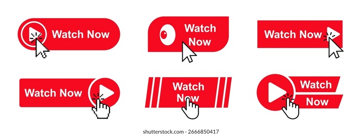Watch now buttons with computer mouse click cursor pointers. UI components for video playback. Content viewing enable button set. Play video buttons for websites
