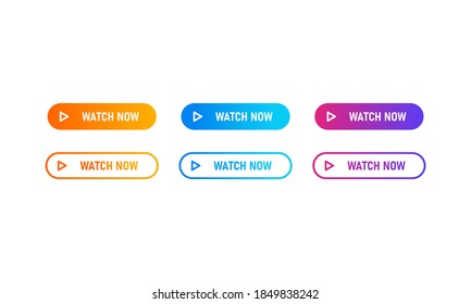 Watch now buttons icon set with colorful gradient. Watch now icon in flat style. Button for web site, label, banner, sticker, design template, icon and logo.