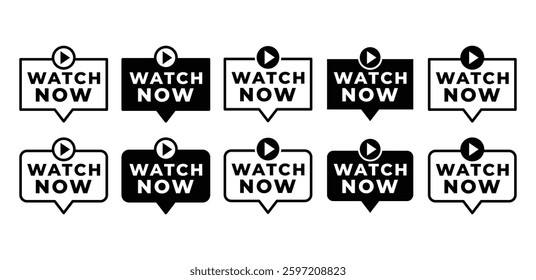 Watch Now Buttons with Play Icon Sign Bar Banner Vector Design Illustration Template Set