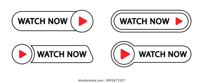 Watch now buttons. Play video button set. Watch video now button for web site. UI element. Vector illustration.