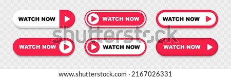 Watch now buttons. Play video button set. Watch video now button for web site. UI element. Vector illustration.