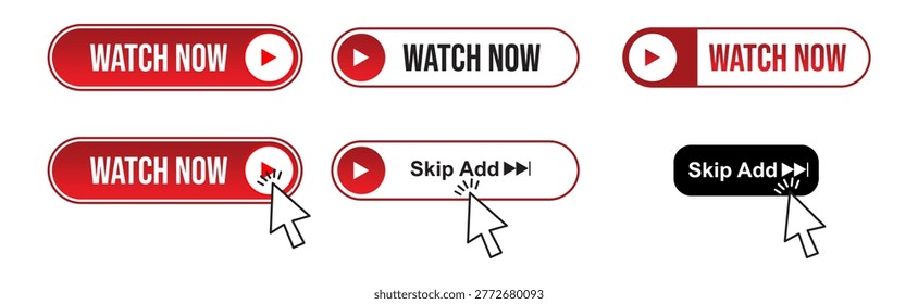 Watch now buttons set. Video play button collection. Watch now button for web site. UI element. Vector illustration