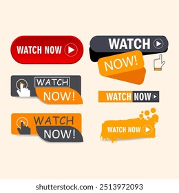 Watch now buttons, tag, label, sticker icon set vector design. Play, watch video now in flat style. Web site, UI element.