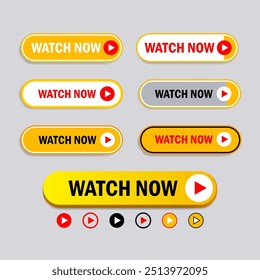 Assista agora botões, tag, rótulo, ícone de adesivo definir design de vetor. Jogue, assista ao vídeo agora em estilo plano. Site da Web, elemento de interface do usuário.