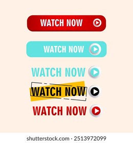 Ver ahora Botones, etiqueta, etiqueta, diseño de Vector de conjunto de iconos de etiqueta. Video Juega, mira ahora en estilo plano. Sitio web, elemento UI.
