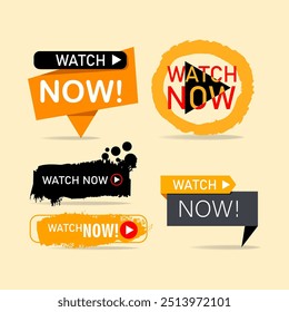 Assista agora botões, tag, rótulo, ícone de adesivo definir design de vetor. Jogue, assista ao vídeo agora em estilo plano. Site da Web, elemento de interface do usuário.