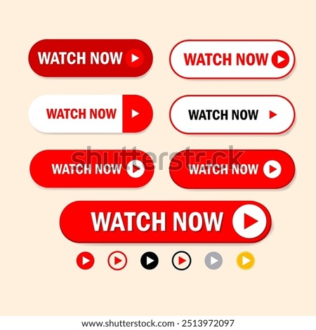 Watch now buttons, tag, label, sticker icon set vector design. Play, watch video now in flat style. Web site, UI element.