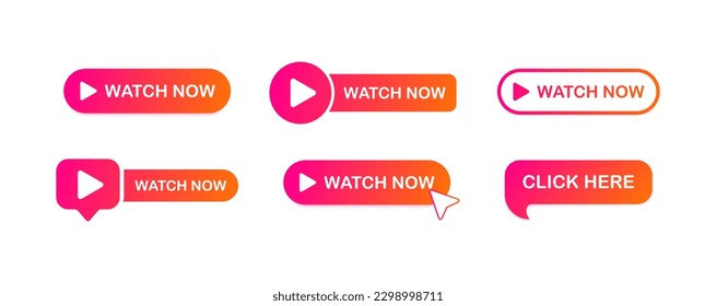 Watch now. Flat, color, watch now button. Vector icons.