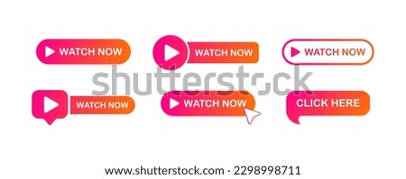 Watch now. Flat, color, watch now button. Vector icons.