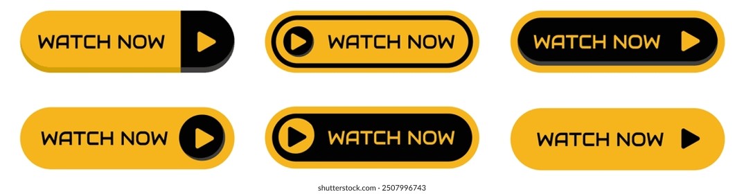 Watch now icon buttons set. Play video button set. Watch video now button. Vector illustration.