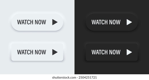 Watch now icon. A set of buttons with Watch Now symbols. 3d Neumorphism element design for apps, websites, and Interfaces. UI UX. Vector illustration.