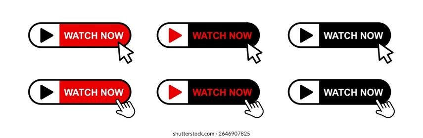 Assista agora ícone ilustração de vetor, Assista agora botão clique em definir ícone, símbolo de player de botão on-line, sinal de vídeo, botões da Web, Conjunto de botão de ação, cursor da mão e seta apontando clique botão link botões