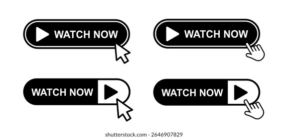 Assista agora ícone ilustração de vetor, Assista agora botão clique em definir ícone, símbolo de player de botão on-line, sinal de vídeo, botões da Web, Conjunto de botão de ação, cursor da mão e seta apontando clique botão link botões