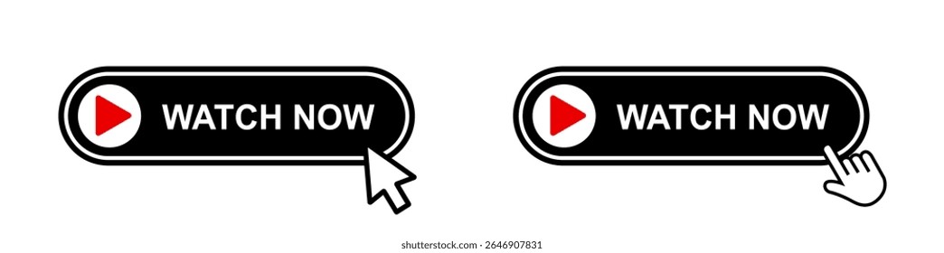 Watch now icon vector illustration, Watch now button click set icon,  online button player symbol, play video sign, web buttons, Set of action button, hand cursor and arrow pointing click link buttons