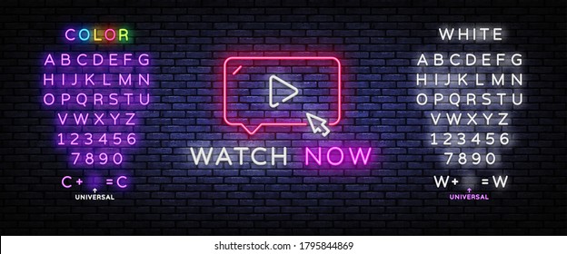 Watch Now neon sign vector. Play button Design template neon sign, light banner, nightly bright advertising, light inscription. Vector illustration. Editing text neon sign