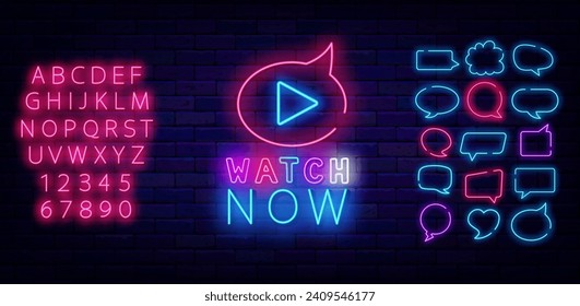 Watch now neon signboard. Glowing movie label. Shiny pink alphabet. Video concept. Vector stock illustration