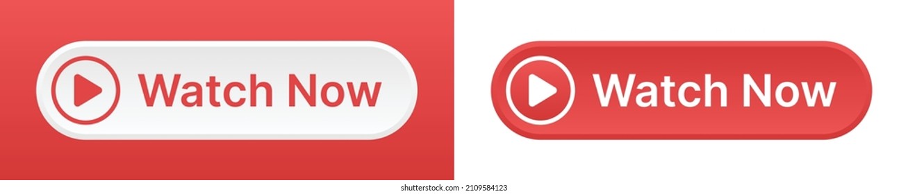 Watch now red button set vector illustration. Video play button.