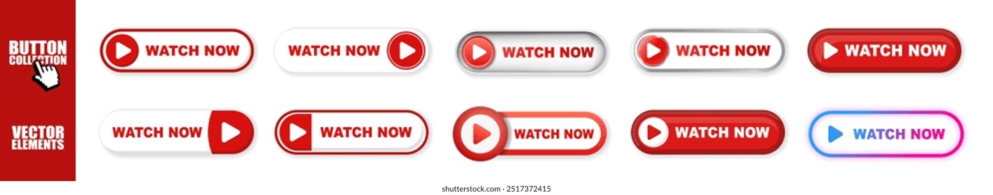 Watch now red buttons. Play video button set for web site. Play video icon isolated on transparent background. 