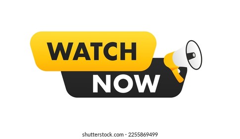 Watch now vector button in flat style. For website, media player, megaphone, banner and app. Play video. Web media. Online translation. Vector illustration