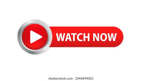 Watch Now Video Play Button Banner Sign Vector Design. Play video icon isolated on white background. UI element. Button for web site. Glossy button. Vector illustration