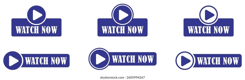 Watch now video play button set collection. Vector watch now buttons for web and digital platforms. Simple play video icons for multimedia and ui design. Media play button. Vector illustration