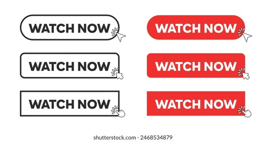 Watch Now Web Button in Red Rectangle and outline style. Computer mouse click cursor or arrow pointer symbol