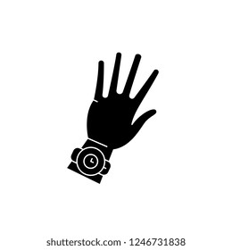 Watch on hand black icon, vector sign on isolated background. Watch on hand concept symbol, illustration 