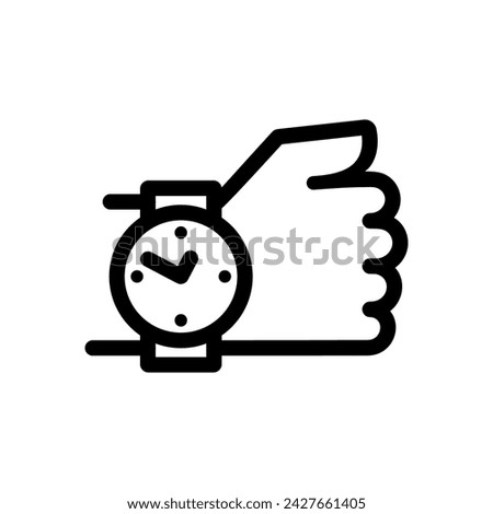 Watch on hand. Checks time on wrist watch. Time control. Black line icon isolated on a white background. Vector illustration flat design.