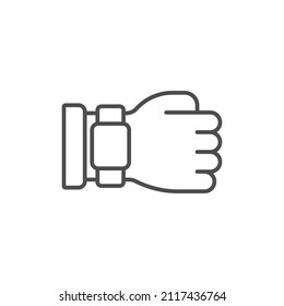 Icono de la línea de la mano, signo del vector de contorno, pictograma de estilo lineal aislado en blanco. símbolo de reloj de pulsera, ilustración del logotipo. Trazo editable