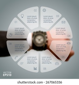 Mira la mano del hombre con la infografía de la línea circular. Concepto de negocio con 8 opciones, piezas, pasos o procesos. Gráfico lineal. Borrado de fondo vectorial