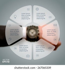 Watch On Man's Hand With Circle Line Infographic. Business Concept With 6 Options, Parts, Steps Or Processes. Linear Graphic. Blur Vector Background